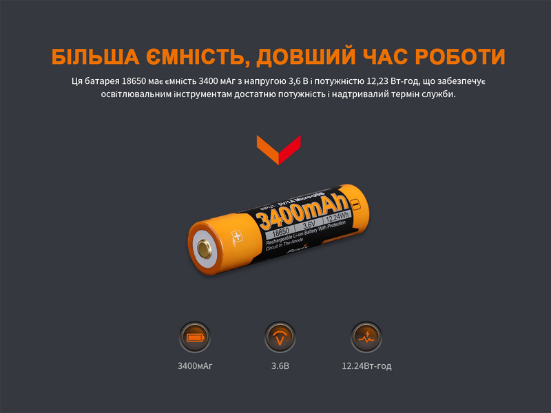 Акумулятор 18650 Fenix (3400 mAh) micro usb зарядка ARB-L18-3400U фото